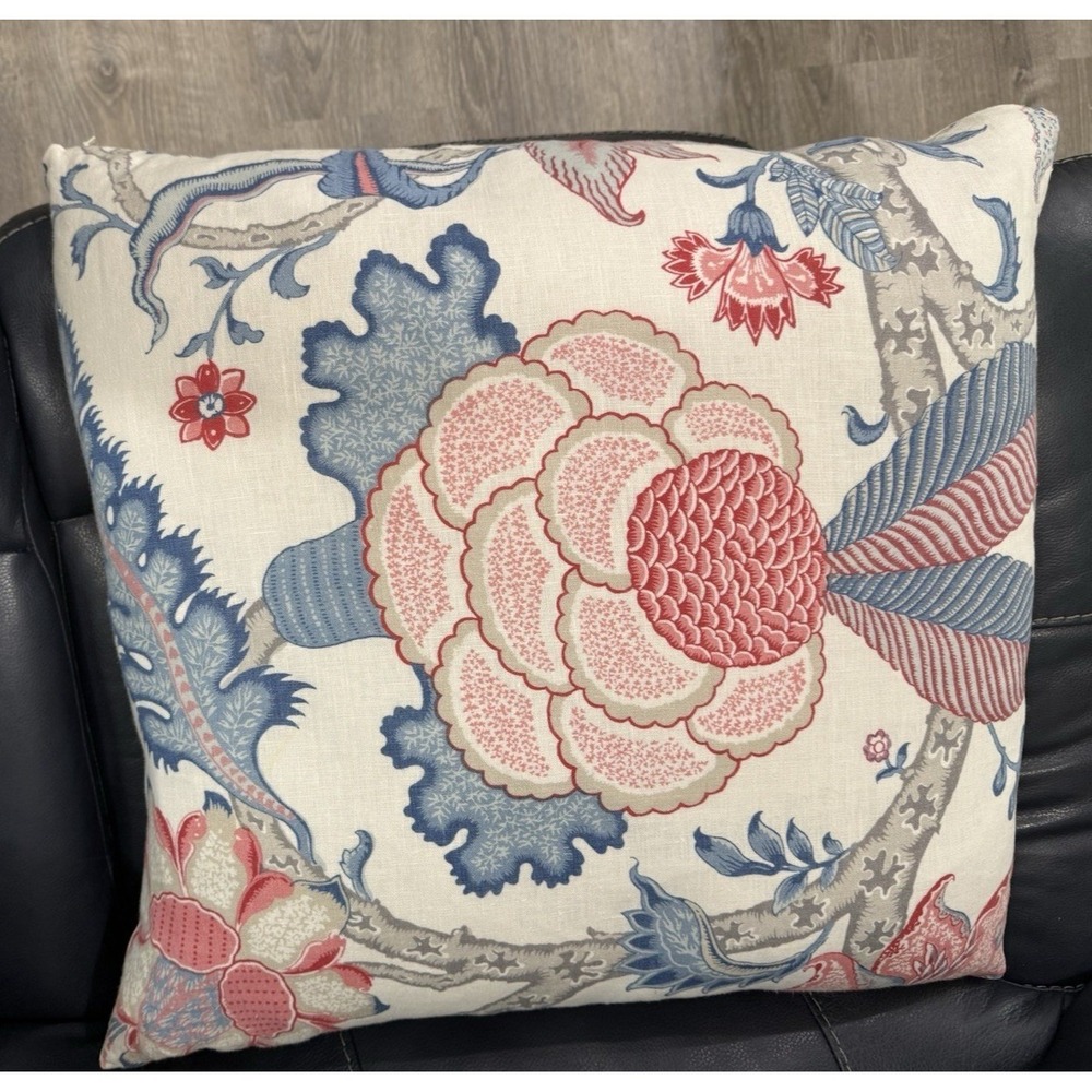 Schumacher Arborvitae Linen Floral Pillow Cover Rose & Delft 26x26 - A - Picture 2 of 6